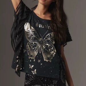 Anthropologie Black and Gold Butterfly Top